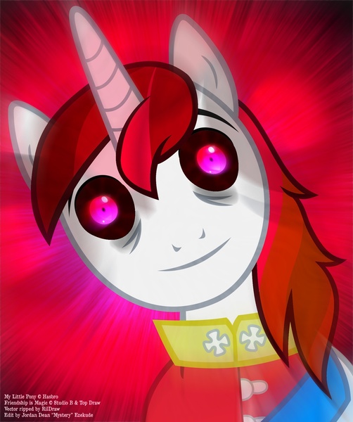 Size: 1200x1433 | Tagged: artist:mysteryezekude, corrupted, dark, dark shining armor, derpibooru import, evil, evil shining armor, hypnosis, insanity, psycho, red eyes, semi-grimdark, shining armor, slasher smile