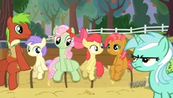 Size: 1224x690 | Tagged: safe, derpibooru import, edit, edited screencap, screencap, alula, apple bloom, apple cinnamon, babs seed, florina tart, lyra heartstrings, minty apple, earth pony, pony, unicorn, apple family reunion, apple family member, background pony, female, filly, lyra is not amused, male, mare, sitting, stallion, unamused