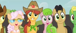 Size: 632x272 | Tagged: safe, derpibooru import, screencap, apple rose, braeburn, golden delicious, half baked apple, wensley, apple family reunion, apple family member