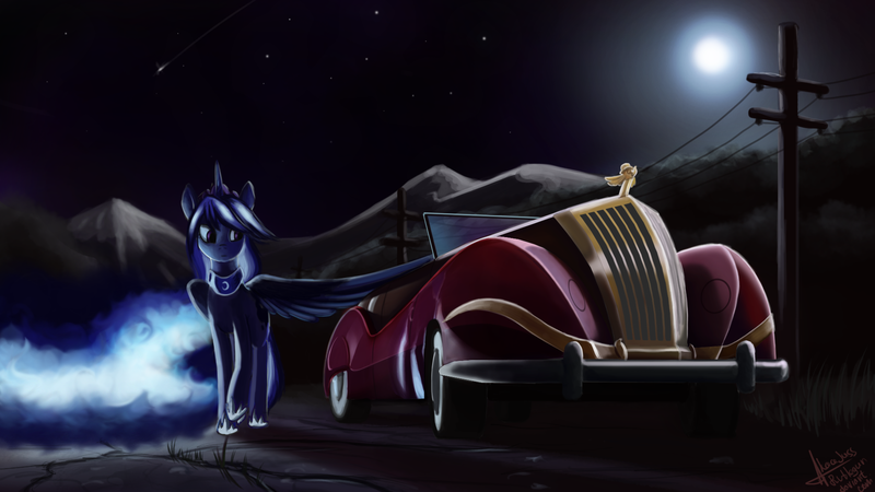 Size: 1920x1080 | Tagged: artist:rublegun, car, moon, night, princess luna, safe, solo, telephone pole