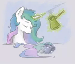 Size: 800x685 | Tagged: safe, artist:onkelscrut, derpibooru import, princess celestia, princess luna, alicorn, pony, coffee, eyes closed, female, image, jpeg, magic, mare, morning ponies, offscreen character, sleepy, solo, telekinesis, turkish coffee