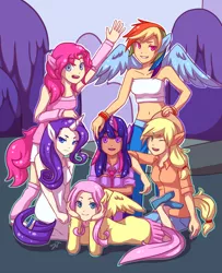 Size: 600x738 | Tagged: applejack, artist:greenmangos, bandeau, belly button, clothes, derpibooru import, dress, eared humanization, elf ears, fluttershy, horned humanization, humanized, mane six, mane six opening poses, midriff, pinkie pie, rainbow dash, rarity, safe, skirt, tailed humanization, twilight sparkle, winged humanization