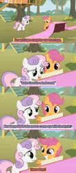 Size: 640x1440 | Tagged: caption, comic, derpibooru import, duo, edit, edited screencap, fabric, lyrics, meme, one bad apple, piano, safe, scootaloo, screencap, screencap comic, sweetie belle, the show stoppers