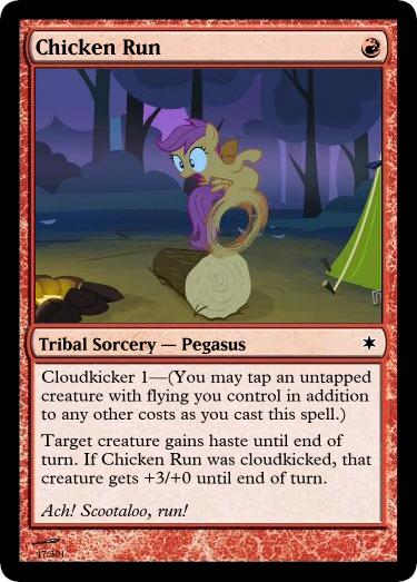 Size: 375x523 | Tagged: artist:manasparks, card, crossover, derpibooru import, edit, fire, gotta go fast, magic the gathering, safe, scootachicken, scootaloo, sleepless in ponyville, tcg, tent, trading card, wheel o feet