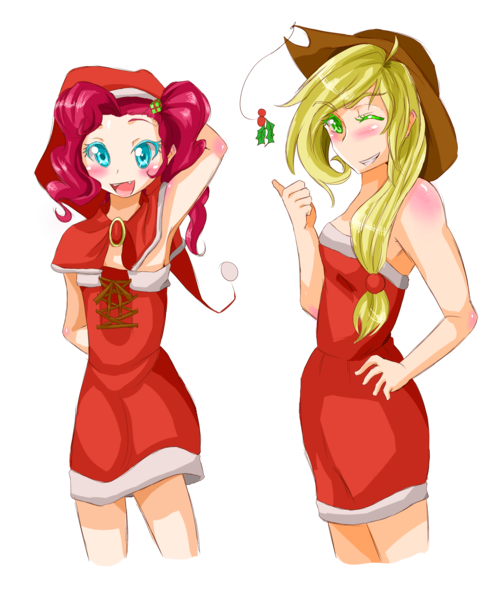 Size: 2400x2900 | Tagged: applejack, artist:applestems, christmas, derpibooru import, humanized, pinkie pie, safe