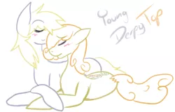 Size: 1280x820 | Tagged: safe, artist:xxaurelia, derpibooru import, carrot top, derpy hooves, ditzy doo, golden harvest, earth pony, pegasus, pony, cuddling, derpytop, female, lesbian, mare, nuzzling, shipping