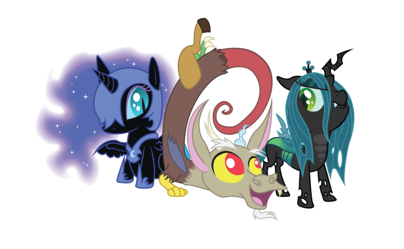 Size: 9887x6093 | Tagged: safe, artist:utahraptorz-poniez, derpibooru import, discord, nightmare moon, queen chrysalis, alicorn, changeling, changeling queen, draconequus, nymph, pony, absurd resolution, cute, cutealis, discute, female, filly, filly queen chrysalis, foal, male, moonabetes, nightmare woon, simple background, transparent background, trio, vector, young, young discord, younger