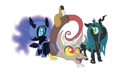 Size: 9887x6093 | Tagged: safe, artist:utahraptorz-poniez, derpibooru import, discord, nightmare moon, queen chrysalis, alicorn, changeling, changeling queen, draconequus, nymph, pony, absurd resolution, cute, cutealis, discute, female, filly, filly queen chrysalis, foal, male, moonabetes, nightmare woon, simple background, transparent background, trio, vector, young, young discord, younger