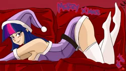 Size: 1552x883 | Tagged: artist:frankaraya, blushing, breasts, busty twilight sparkle, clothes, derpibooru import, face down ass up, female, hat, human, humanized, looking at you, santa hat, sexy, smirk, socks, solo, solo female, suggestive, sultry pose, thigh highs, twilight sparkle