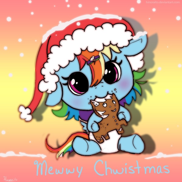 Size: 1000x1000 | Tagged: dead source, safe, artist:hinoraito, derpibooru import, rainbow dash, pegasus, pony, abstract background, baby, baby dash, baby pony, christmas, cookie, cute, dashabetes, diaper, female, filly, foal, gingerbread (food), gingerbread pony, hat, holiday, mare, nom, santa hat, solo