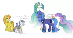 Size: 1500x787 | Tagged: safe, artist:onkelscrut, derpibooru import, carrot top, golden harvest, princess celestia, princess luna, oc, alicorn, pony, colt, female, image, jpeg, looking at each other, male, mare, s1 luna, saddle bag, simple background, white background