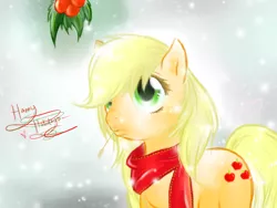 Size: 1200x900 | Tagged: safe, artist:prettybruise, derpibooru import, applejack, clothes, loose hair, scarf, snow, snowfall, solo