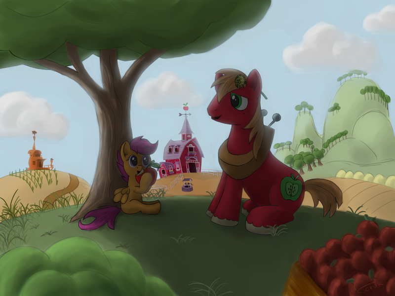 Size: 3200x2400 | Tagged: safe, artist:ter0k, derpibooru import, big macintosh, scootaloo, earth pony, pony, male, stallion