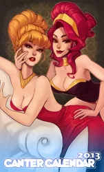 Size: 500x827 | Tagged: artist:x-arielle, aunt orange, breasts, busty aunt orange, busty cherry jubilee, canter calendar, cherry jubilee, cleavage, clothes, dress, female, females only, human, humanized, lipstick, nudity, suggestive