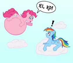 Size: 700x600 | Tagged: balloon, belly, cloud, cloudy, derpibooru import, floating, inflation, pinkie pie, rainbow dash, safe, sky