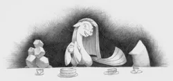 Size: 2840x1344 | Tagged: cake, cup, derpibooru import, insanity, madame le flour, monochrome, party of one, pinkamena diane pie, pinkie pie, plate, rocky, safe, sketch, tea, teacup, tea party, teapot, traditional art