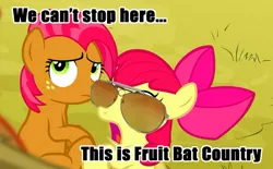 Size: 615x381 | Tagged: safe, derpibooru import, screencap, apple bloom, babs seed, earth pony, fruit bat, pony, apple family reunion, duo, fear and loathing in las vegas, female, filly, image macro, meme, parody, raoul duke, sunglasses, we can't stop here this is bat country