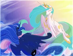 Size: 3000x2307 | Tagged: safe, artist:probablyfakeblonde, derpibooru import, princess celestia, princess luna, alicorn, pony, duo, eyes closed, happy, royal sisters, sisters, smiling