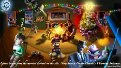 Size: 1600x900 | Tagged: safe, artist:zelc-face, derpibooru import, applejack, rarity, spike, twilight sparkle, christmas, christmas tree, creeper, crossover, cryogonal, doctor eggman, engineer, female, glados, hearth's warming eve, heavy, kirby, male, mario, meta knight, midna, minecraft, nyan cat, personality core, piness, pokémon, portal (valve), scott pilgrim, sentry turret, shipping, sonic the hedgehog (series), sparity, spy, straight, super mario bros., team fortress 2, the legend of zelda, tree, turret