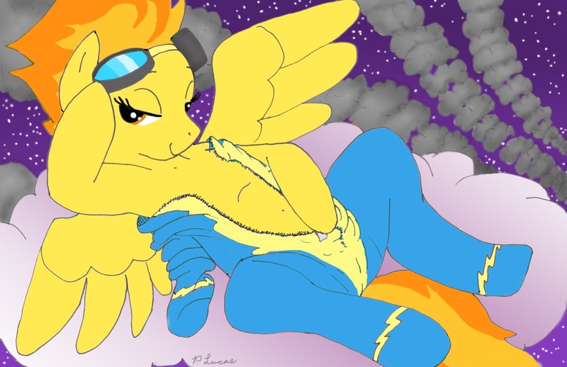 Size: 1350x874 | Tagged: artist:paul lucas, derpibooru import, female, pinup, solo, solo female, spitfire, suggestive, sultry pose, undressing, wonderbolts, wonderbolts uniform