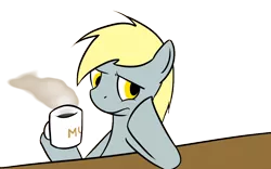 Size: 1000x625 | Tagged: safe, artist:shinmera, derpibooru import, derpy hooves, pegasus, pony, coffee, confused, female, mare, underp