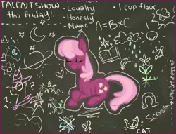 Size: 1103x842 | Tagged: safe, artist:meekcheep, derpibooru import, cheerilee, earth pony, pony, chalkboard, content, eyes closed, female, mare, that pony sure does love teaching