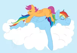 Size: 1394x970 | Tagged: safe, artist:cartoonlion, derpibooru import, rainbow dash, scootaloo, pegasus, pony, cloud, eyes closed, female, filly, lying down, lying on a cloud, mare, prone, simple background, sky, sleeping