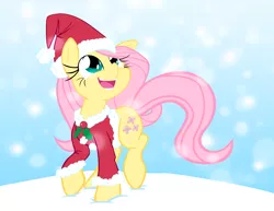 Size: 5000x3864 | Tagged: artist:nicolasnsane, clothes, derpibooru import, fluttershy, hat, holly, safe, santa costume, santa hat, snow, snowfall, solo, vector