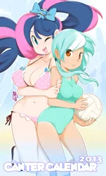 Size: 500x827 | Tagged: suggestive, artist:miu, derpibooru import, bon bon, lyra heartstrings, sweetie drops, human, belly button, big breasts, bikini, breasts, busty bon bon, busty lyra heartstrings, canter calendar, clothes, female, hair bow, humanized, lesbian, lyrabon, one-piece swimsuit, shipping, smiling, swimsuit, volleyball