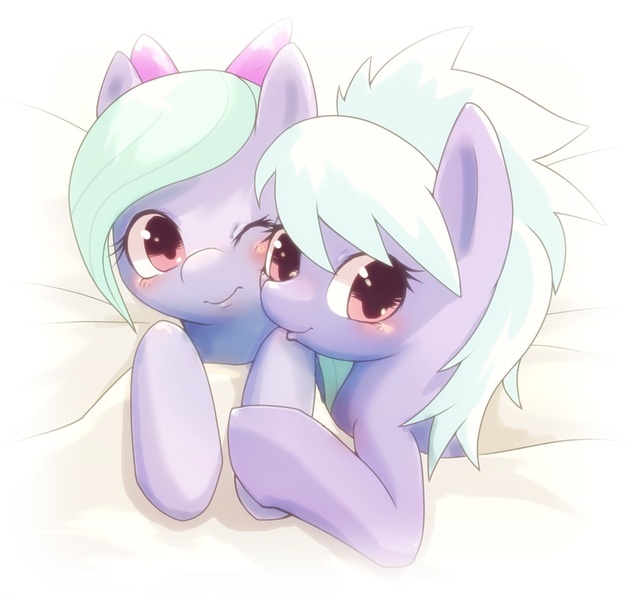 Size: 1000x954 | Tagged: safe, artist:apricolor, derpibooru import, cloudchaser, flitter, pegasus, pony, bed, blanket, blushing, bow, cheek squish, cute, cutechaser, duo, duo female, female, flitterbetes, hair bow, holding hooves, looking at you, mare, one eye closed, pixiv, squishy cheeks