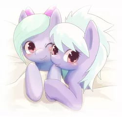 Size: 1000x954 | Tagged: safe, artist:apricolor, derpibooru import, cloudchaser, flitter, pegasus, pony, bed, blanket, blushing, bow, cheek squish, cute, cutechaser, duo, duo female, female, flitterbetes, hair bow, holding hooves, looking at you, mare, one eye closed, pixiv, squishy cheeks