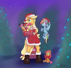 Size: 1200x1155 | Tagged: anthro, apple bloom, applejack, artist:alasou, babs seed, bow, box, candy, candy cane, christmas, clothes, costume, cutie mark crusaders, derpibooru import, food, hat, holiday, pinkie pie, rainbow dash, reindeer, safe, santa claus, santa costume, santa hat, scootaloo, sweetie belle