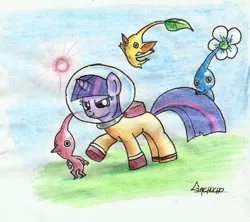 Size: 1391x1236 | Tagged: safe, artist:gachucho, derpibooru import, twilight sparkle, pikmin, pony, unicorn, astronaut, blue pikmin, captain olimar, crossover, female, in command, mare, parody, red pikmin, spacesuit, traditional art, unicorn twilight, yellow pikmin