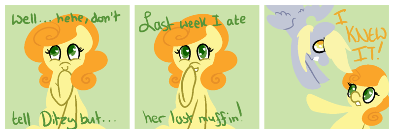 Size: 1580x540 | Tagged: artist:robynne, carrot top, comic, derpibooru import, derpy hooves, ditzy doo, golden harvest, safe