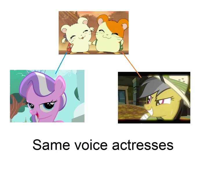 Size: 1366x1153 | Tagged: bijou, chantal strand, chiara zanni, daring do, derpibooru import, diamond tiara, english, exploitable meme, hamtaro, meme, safe, same voice actor