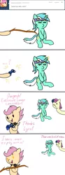 Size: 630x1700 | Tagged: artist:fantasyglow, ask, bon bon, derpibooru import, gamer scootaloo, longbon, lyra heartstrings, safe, scootaloo, sweetie drops, tumblr, wizard