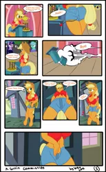Size: 789x1280 | Tagged: suggestive, artist:el-doc, derpibooru import, applejack, lyra heartstrings, twilight sparkle, anthro, unguligrade anthro, belly button, breasts, busty applejack, clothed orgasm, clothes, comic, daisy dukes, estrus, female, front knot midriff, image, jpeg, midriff, shorts