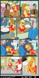 Size: 640x1280 | Tagged: suggestive, artist:el-doc, derpibooru import, apple bloom, applejack, big macintosh, doctor whooves, granny smith, time turner, anthro, belly button, breasts, busty applejack, clothed orgasm, clothes, comic, daisy dukes, estrus, female, front knot midriff, image, jpeg, midriff, shorts, understatement
