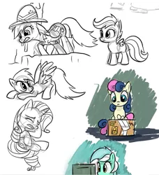 Size: 747x818 | Tagged: artist:bambooharvester, bon bon, daring do, derpibooru import, lyra heartstrings, rainbow dash, rarity, safe, scootaloo, sketch dump, sweetie drops