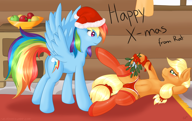 Size: 1280x810 | Tagged: questionable, artist:ratofdrawn, derpibooru import, applejack, rainbow dash, earth pony, pegasus, pony, appledash, belly button, blushing, cameltoe, clothes, female, lesbian, mare, mistletoe, mistletoe abuse, on back, panties, stockings, sultry pose, underwear, wingboner