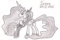 Size: 2439x1638 | Tagged: artist:wmsonee, come hug me sis, derpibooru import, grayscale, hug, monochrome, princess celestia, princess luna, s1 luna, safe