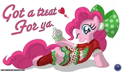 Size: 4350x2600 | Tagged: artist:template93, bow, clothes, cupcake, hair bow, heart, one eye closed, pinkie pie, safe, solo, text, wink