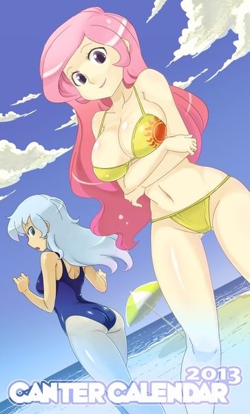 Size: 500x827 | Tagged: arm boob squeeze, arm under breasts, artist:shepherd0821, bikini, breasts, busty princess celestia, canter calendar, clothes, derpibooru import, female, females only, human, humanized, princess celestia, princess luna, suggestive, swimsuit