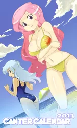 Size: 500x827 | Tagged: arm boob squeeze, arm under breasts, artist:shepherd0821, bikini, breasts, busty princess celestia, canter calendar, clothes, derpibooru import, female, females only, human, humanized, princess celestia, princess luna, suggestive, swimsuit