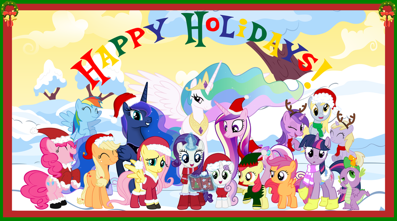 Size: 7000x3902 | Tagged: safe, artist:neodarkwing, derpibooru import, amethyst star, apple bloom, applejack, derpy hooves, dinky hooves, fluttershy, peewee, pinkie pie, princess cadance, princess celestia, princess luna, rainbow dash, rarity, scootaloo, spike, sweetie belle, twilight sparkle, elf, pegasus, pony, reindeer, absurd resolution, boots, clothes, cutie mark crusaders, female, hat, mane seven, mane six, mare, santa costume, santa hat, scarf