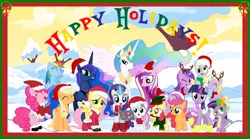 Size: 7000x3902 | Tagged: safe, artist:neodarkwing, derpibooru import, amethyst star, apple bloom, applejack, derpy hooves, dinky hooves, fluttershy, peewee, pinkie pie, princess cadance, princess celestia, princess luna, rainbow dash, rarity, scootaloo, spike, sweetie belle, twilight sparkle, elf, pegasus, pony, reindeer, absurd resolution, boots, clothes, cutie mark crusaders, female, hat, mane seven, mane six, mare, santa costume, santa hat, scarf