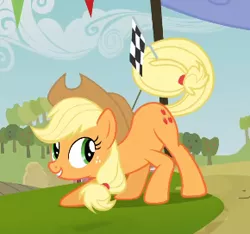 Size: 290x271 | Tagged: safe, derpibooru import, screencap, applejack, earth pony, pony, apple family reunion, checkered flag, cropped, crouching, female, flag, lowres, mare, presenting, solo, tail hold