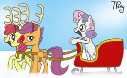 Size: 600x371 | Tagged: safe, artist:twitterfulpony, derpibooru import, apple bloom, scootaloo, sweetie belle, pony, reindeer, cutie mark crusaders, sleigh