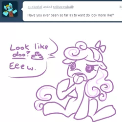 Size: 500x500 | Tagged: ask, ask screwball, derpibooru import, doo, eww, hat, propeller hat, safe, screwball, swirly eyes, tumblr, wat