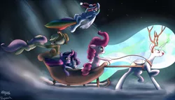 Size: 1968x1125 | Tagged: safe, artist:cheshiresdesires, artist:spaerk, derpibooru import, applejack, fluttershy, pinkie pie, princess celestia, rainbow dash, rarity, twilight sparkle, alicorn, earth pony, pegasus, pony, reindeer, unicorn, antlers, costume, female, mane six, signature, sled, snow